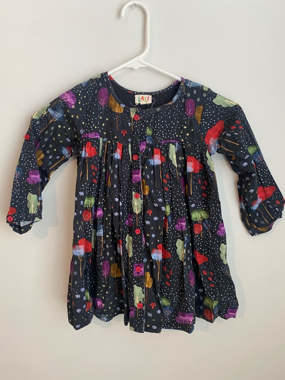 LALi Kids Navy Button-Up Dress with Colorful Nature Print 4Y